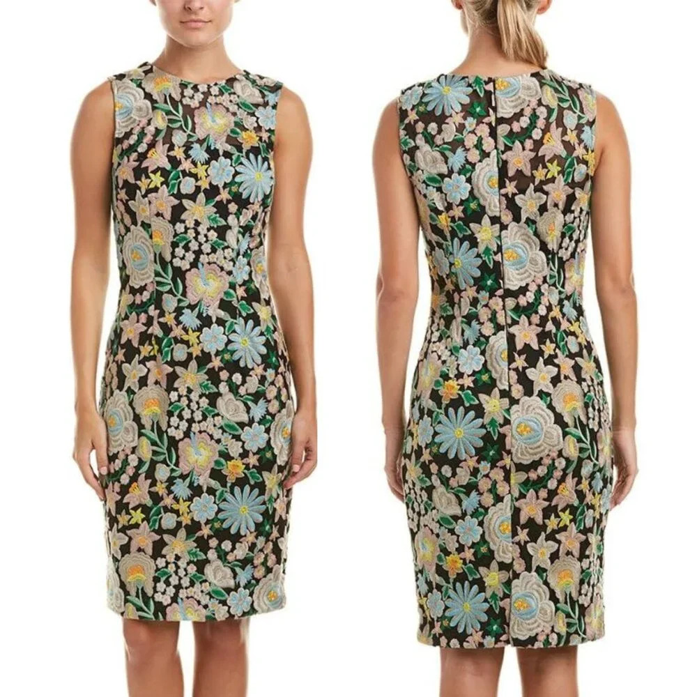 Carmen Marc Valvo Multi-Colored Floral Embroidered Sheath Dress 29710
